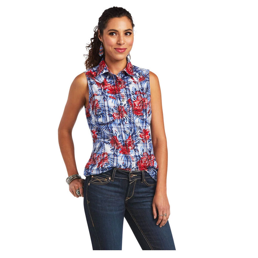 10040614 Ariat Women's Real Billie Jean Sleeveless Shirt - Tropical Plaid 1 10040614 Ariat Women's Real Billie Jean Sleeveless Shirt - Tropical Plaid