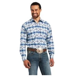10040689 Ariat Men's Ivan L/Sleeve Classic Snap Shirt - White With Blue Aztec Print