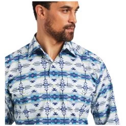 10040689 Ariat Men's Ivan L/Sleeve Classic Snap Shirt - White With Blue Aztec Print -Cowboy Shop 10040689 2