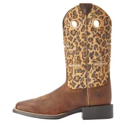 10042384 Ariat Women's Round Up Crossroads Wide Square Toe Western Boot - Distressed Tan/ Sparkle Leopard -Cowboy Shop 10042384 2