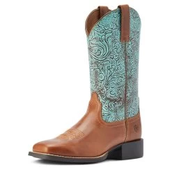 10042534 Ariat Women's Round Up Wide Square Toe Boot - Beduino Brown / Turquoise Floral Emboss