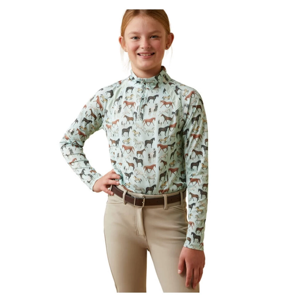 10043605 Ariat Youth Sunstopper 2.0 Quarter Zip Baselayer - Aqua Herd Print 1 10043605 Ariat Youth Sunstopper 2.0 Quarter Zip Baselayer - Aqua Herd Print