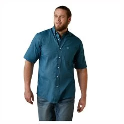 10044885 Ariat Men's Wrinkle Free Eli Classic Short Sleeve Western Shirt - Reef Blue