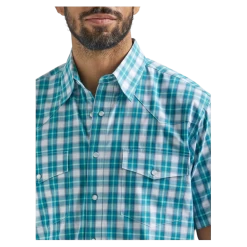 112324685 Wrangler Men's Wrinkle Resist Short Sleeve Western Snap Shirt - Turquoise Plaid -Cowboy Shop 112324685 2