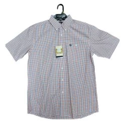 112327816 Wrangler George Strait Men's One Pocket Short Sleeve Buttondown Shirt -Blue & Coral