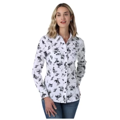 112330046 Wrangler Women's Retro Long Sleeve Snap Shirt - White W/Black Bucking Horses