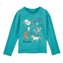 2317729 Wrangler Girl's Long Sleeve Cowgirl Print Tee- Teal