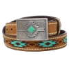 A1590202 Ariat Women's Brown Turquoise Aztec Embroidered Leather Belt With Silver Buckle