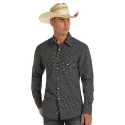 B2S8089 Rock & Roll Men's Long Sleeve Blue Print Western Snap Shirt