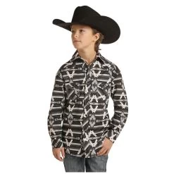 B8S1296 Rock & Roll Denim Boy's Long Sleeve Aztec Print Western Shirt