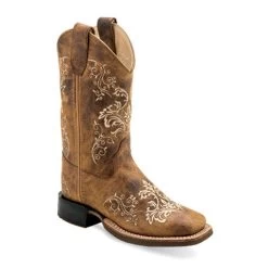 BSC1958 Old West Girl's Square Toe Leather Western Boot Brown With Embroidery