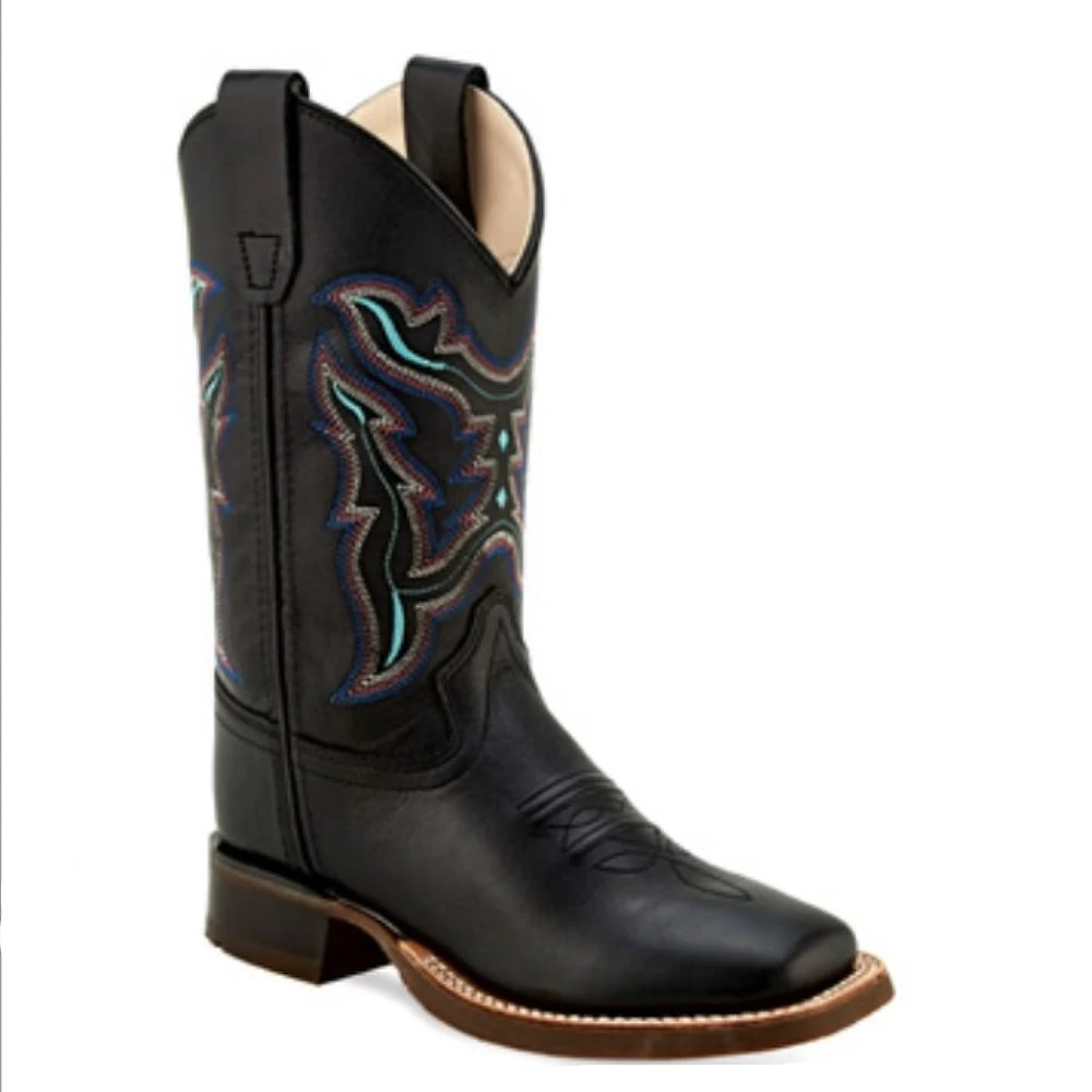 BSY1896 Old West Kid's Black Leather Square Toe Western Boot 1 BSY1896 Old West Kid's Black Leather Square Toe Western Boot