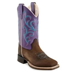 BSY1907 Old West Girl's Square Toe Leather Western Boot Brown With Purple Top