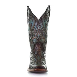 C3768 Corral Women's Brown With Turquoise Overlay Square Toe Western Boots -Cowboy Shop C3768 3