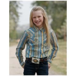 CTW3230026 Cruel Girl Girl's Blue And Yellow Print Long Sleeve Snap Shirt