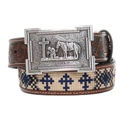 D120002402 3D Aztec Embroidery With Navy And Square Belt Buckle Western Brown Belt