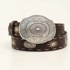 D140000802 Angel Ranch Women's 1 1/2 Inch Starburst Stitch Belt W/Oval Concho Brown