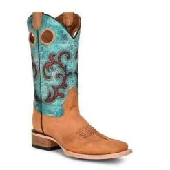 L5910 Circle G By Corral Women's Honey & Turquoise Inlay Embroidery Square Toe Boots
