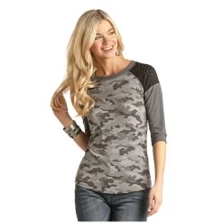 L9T2086 Panhandle Ladies 3/4 Sleeve Fashion Top - Black And Grey Camo