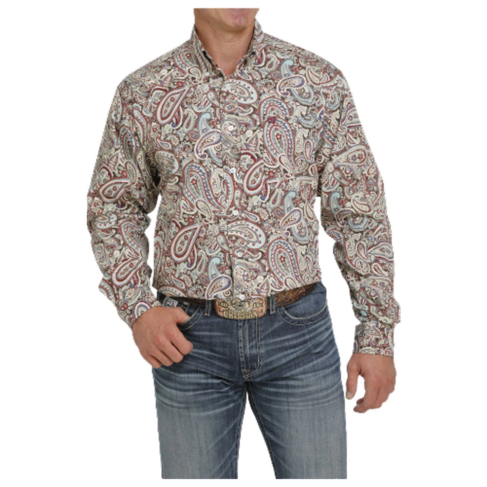 MTW1105426 Cinch Men's Chocolate, Burgundy, Aqua Paisley Long Sleeve Button Down Western Shirt 1 MTW1105426 Cinch Men's Chocolate, Burgundy, Aqua Paisley Long Sleeve Button Down Western Shirt