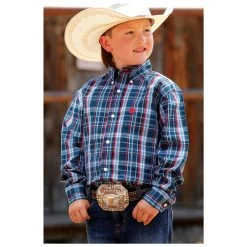 MTW7060283 Cinch Boys Navy Plaid Long Sleeve Western Button Shirt