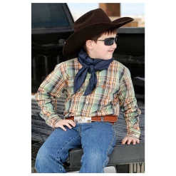 MTW7060296 Cinch Boys Long Sleeve Plaid Shirt - Green With Navy And Orange