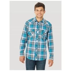 MV4024Q Wrangler Men's Teal Plaid Retro Long Sleeve Western Snap Shirt