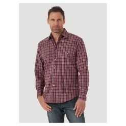 MWR414R Wrangler Men's Wrinkle Resistant L/S Plaid Western Snap Shirt - Burgundy