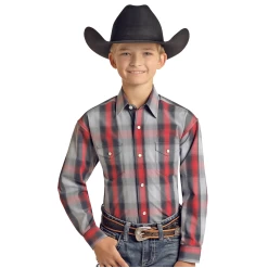 PSBSOSR07T Panhandle Select Boy's Long Sleeve Western Snap Shirt- Red & Blue Plaid