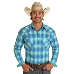 R0S8451 Panhandle Men's Long Sleeve Blue Ombre Plaid Western Snap Shirt