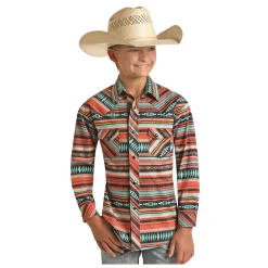 RRBSOSR0Q8 Rock & Roll Denim Boys Long Sleeve Aztec Stripe Woven Snap Shirt