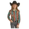 RRGSOSRZ0Y Rock & Roll Cowgirl Girls Geo Stripe Long Sleeve Western Snap Shirt- Caribbean