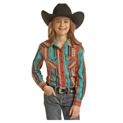 RRGSOSRZ0Y Rock & Roll Cowgirl Girls Geo Stripe Long Sleeve Western Snap Shirt- Caribbean