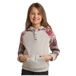 RRGT94R0AX Rock & Roll Cowgirl Girls Hoodie With Pink Navajo Printed Sleeves - Grey