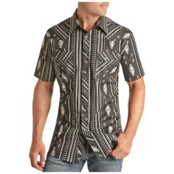 RRMS1SR0QI Rock & Roll Denim Men's Short Sleeve Aztec Print Snap Shirt - Black & Grey