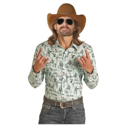 RRMSOSR0Q7 Rock & Roll Denim Dale Brisby Men's Long Sleeve Snap Shirt- Mint Cactus Print