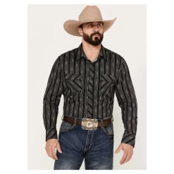 RRMSOSR0QG Rock & Roll Denim Men's Long Sleeve Geo Stripe Snap Shirt- Black & Grey