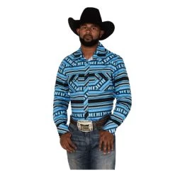 RRMSOSRZ81 Rock & Roll Denim Men's Aztec Stripe Print Long Sleeve Western Snap Shirt-Black And Turquoise