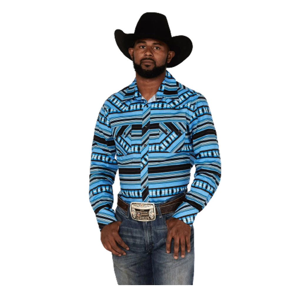 RRMSOSRZ81 Rock & Roll Denim Men's Aztec Stripe Print Long Sleeve Western Snap Shirt-Black And Turquoise 1 RRMSOSRZ81 Rock & Roll Denim Men's Aztec Stripe Print Long Sleeve Western Snap Shirt-Black And Turquoise