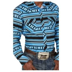 RRMSOSRZ81 Rock & Roll Denim Men's Aztec Stripe Print Long Sleeve Western Snap Shirt-Black And Turquoise 5 RRMSOSRZ81 Rock & Roll Denim Men's Aztec Stripe Print Long Sleeve Western Snap Shirt-Black And Turquoise -Cowboy Shop RRMSOSRZ81 1