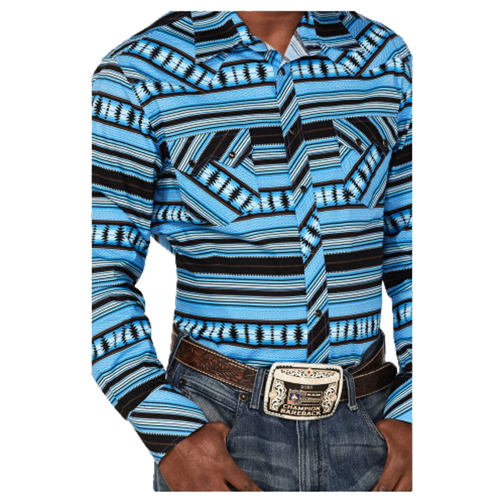 RRMSOSRZ81 Rock & Roll Denim Men's Aztec Stripe Print Long Sleeve Western Snap Shirt-Black And Turquoise 3 RRMSOSRZ81 Rock & Roll Denim Men's Aztec Stripe Print Long Sleeve Western Snap Shirt-Black And Turquoise - Image 3