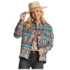 RRWO92R0CJ Rock & Roll Denim Women's Shacket Shirt Jacket - Blue Coral Burgundy Print