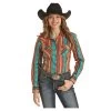 RRWSOSRZ0Y Rock & Roll Cowgirl Geo Stripe Western Snap Shirt - Caribbean