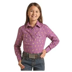 WLGSOSR13P Panhandle Girls Long Sleeve Snap Shirt- Dark Orchid With Cactus Print