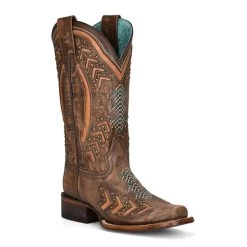 Z5009 Corral Women's Brown Laser Embroidery With Studs Square Toe Western Cowboy Boots