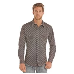 B2S9128 Rock & Roll Cowboy Men's Charcoal Print Long Sleeve Western Shirt