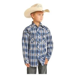 B8S4062 Rock & Roll Cowboy Boys Blue Dobby Plaid Long Sleeve Snap Shirt