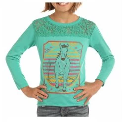 G4T2254 Rock & Roll Cowgirl Girl's Green Long Sleeve Tee