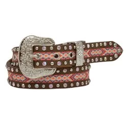 DA5222 Angel Ranch Girls' Western Brown Belt With Silver Studs And Pink Print Fabric Inlay
