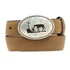 N4422444 Nocona Youth Brown Western Belt With Cowboy Prayer Buckle